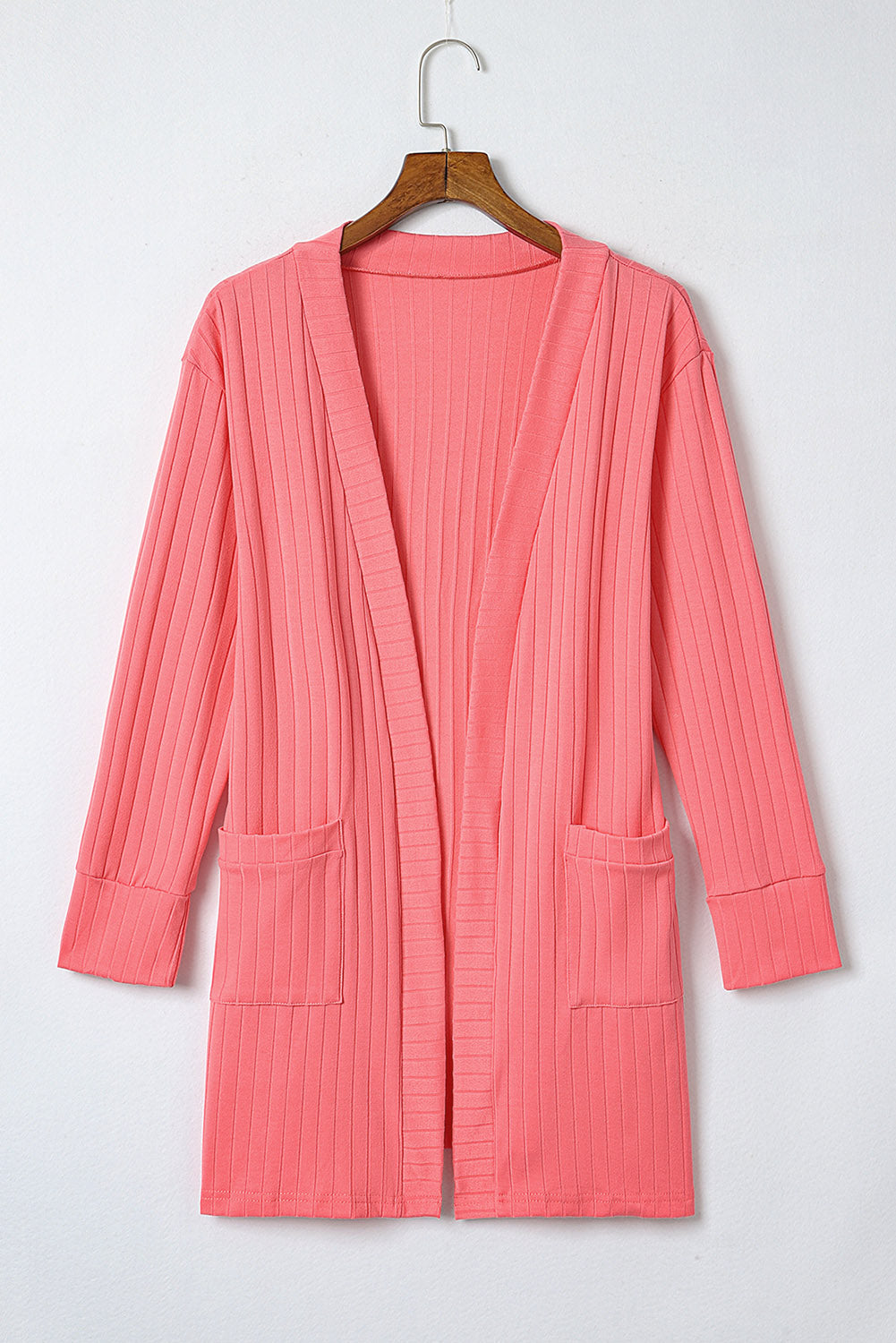 Rosa Strickjacke mit offener Vorderseite und Taschen