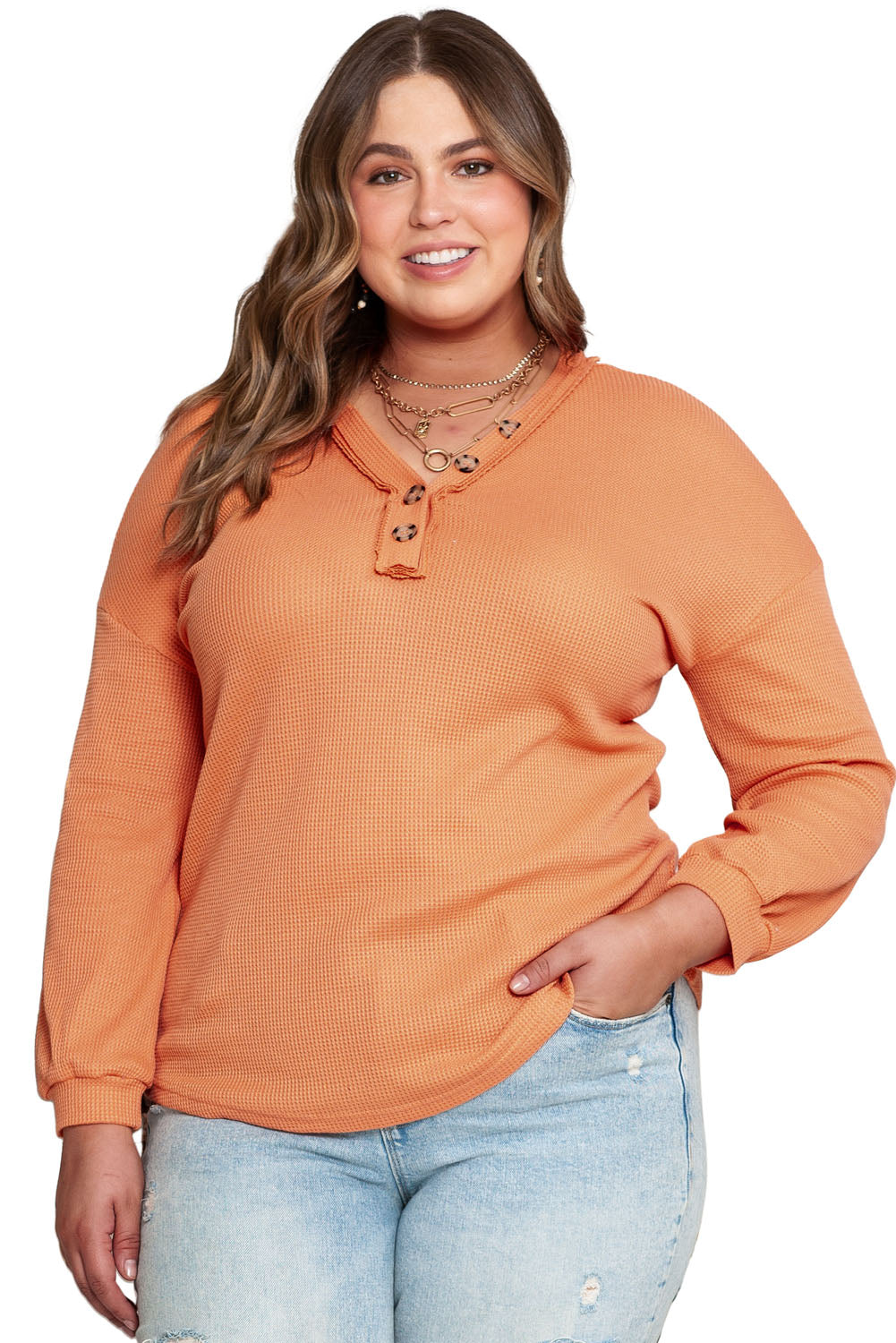 Orange Buttoned V Neck Waffle Knit Plus Size Top