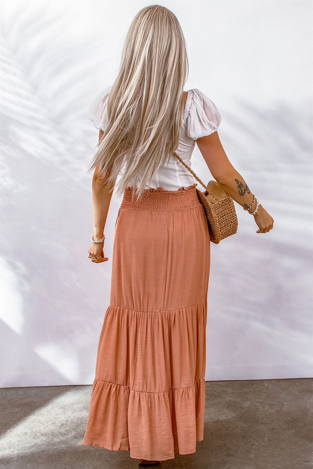 Orange Tie Smocking High Waist Tiered Maxi Skirt