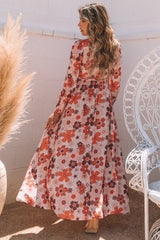 Orange Floral V-Neck Long Sleeve Belted Maxi Dress