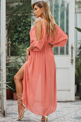 Orange Cold Shoulder Side Slit Backless Deep V Neck Maxi Dress