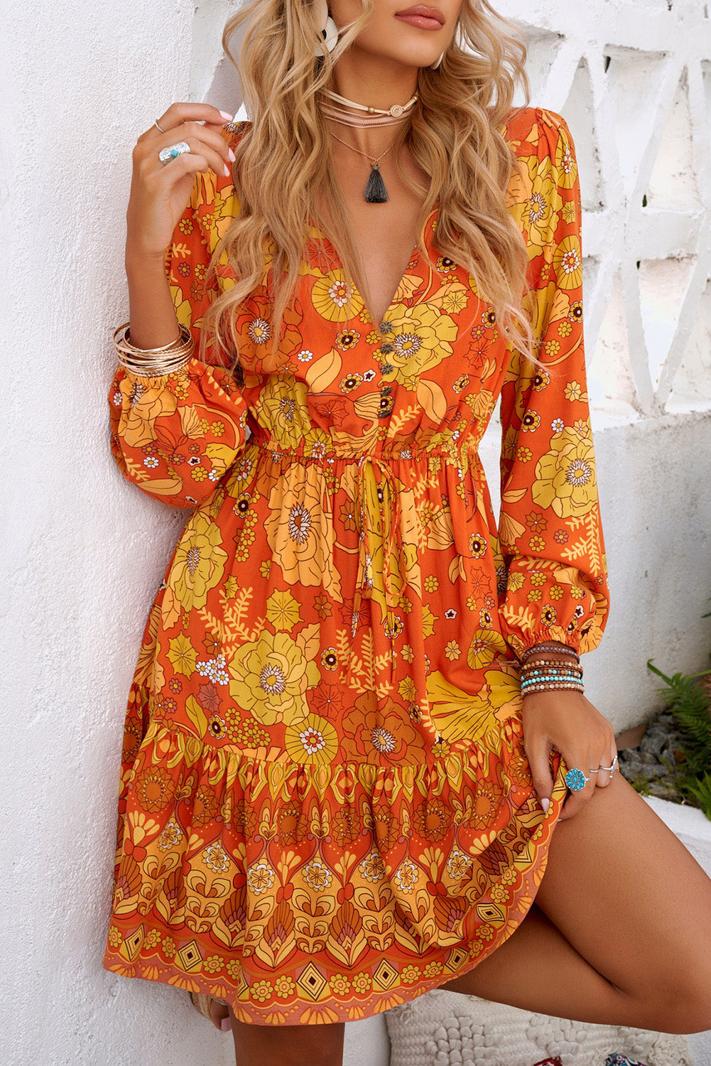 Orange Floral Antique Brass Buttoned Boho Dress