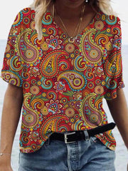 Fashion Paisley Print V-neck T-shirt