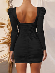 Fashion Solid Square Neck Long Sleeve Bodycon Dress