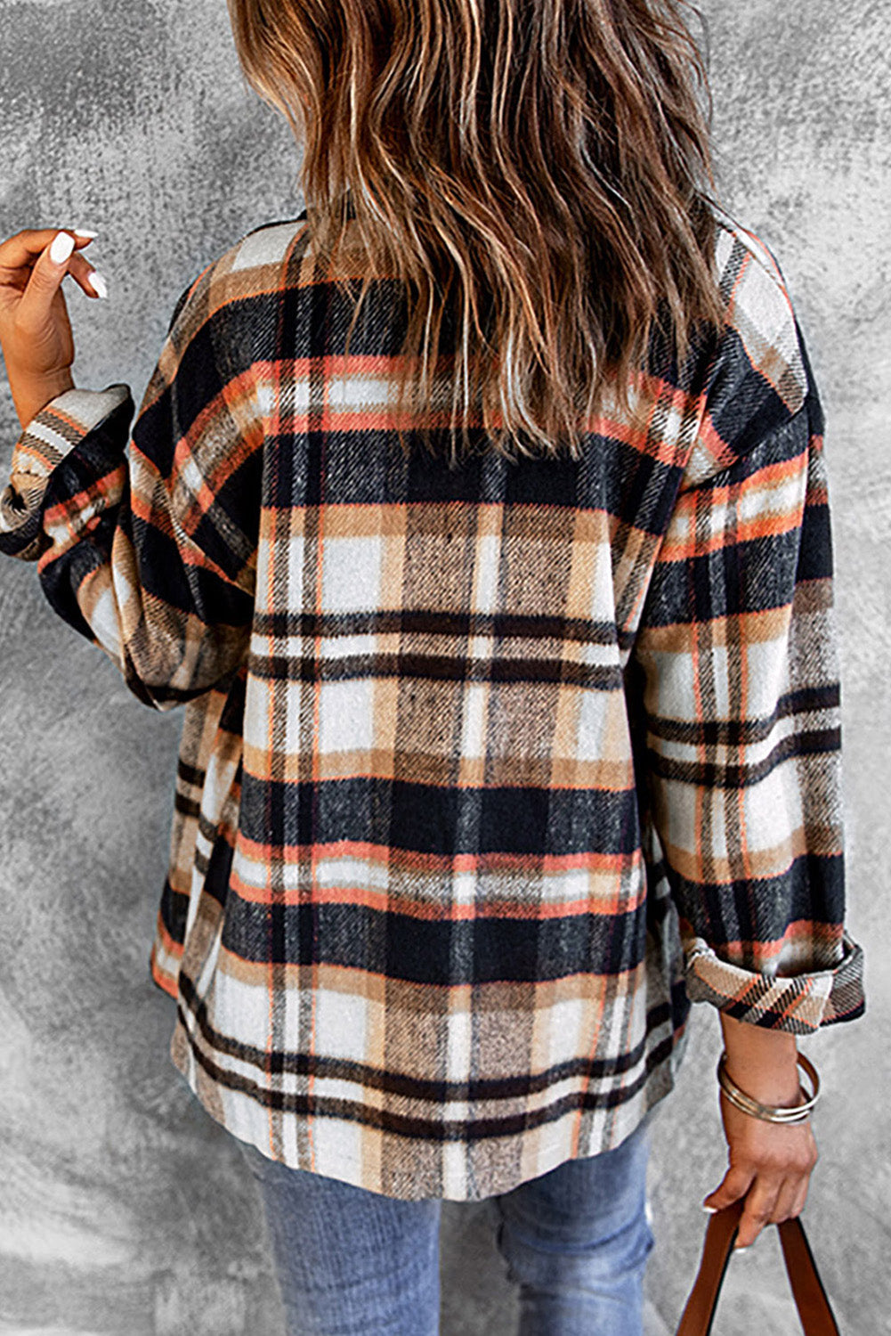 Orange Geometric Plaid Print Pocketed Shacket