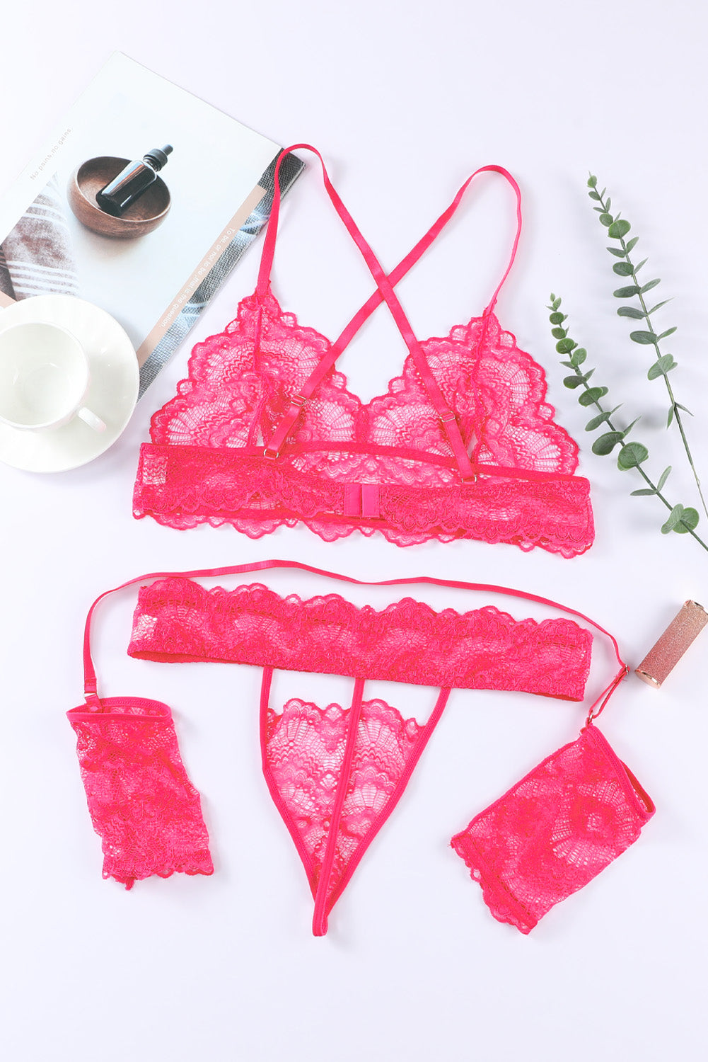 Pink Lace Hollow-out 3pcs Bralette Set with Cuffs