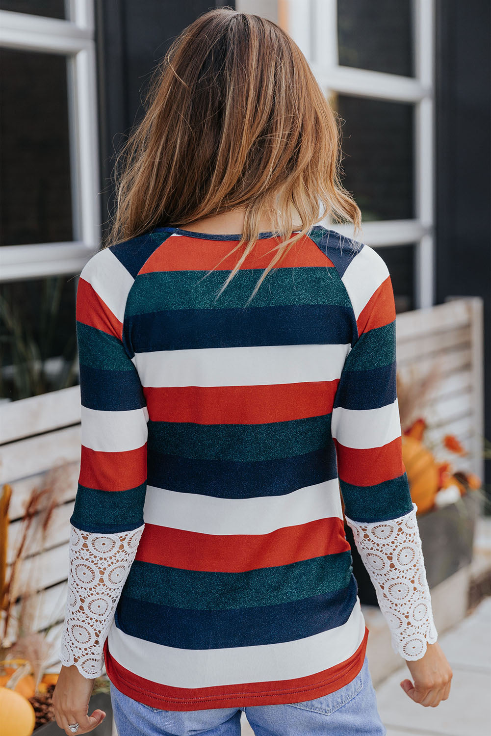 Orange Green Striped Lace Splicing Long Sleeve Top