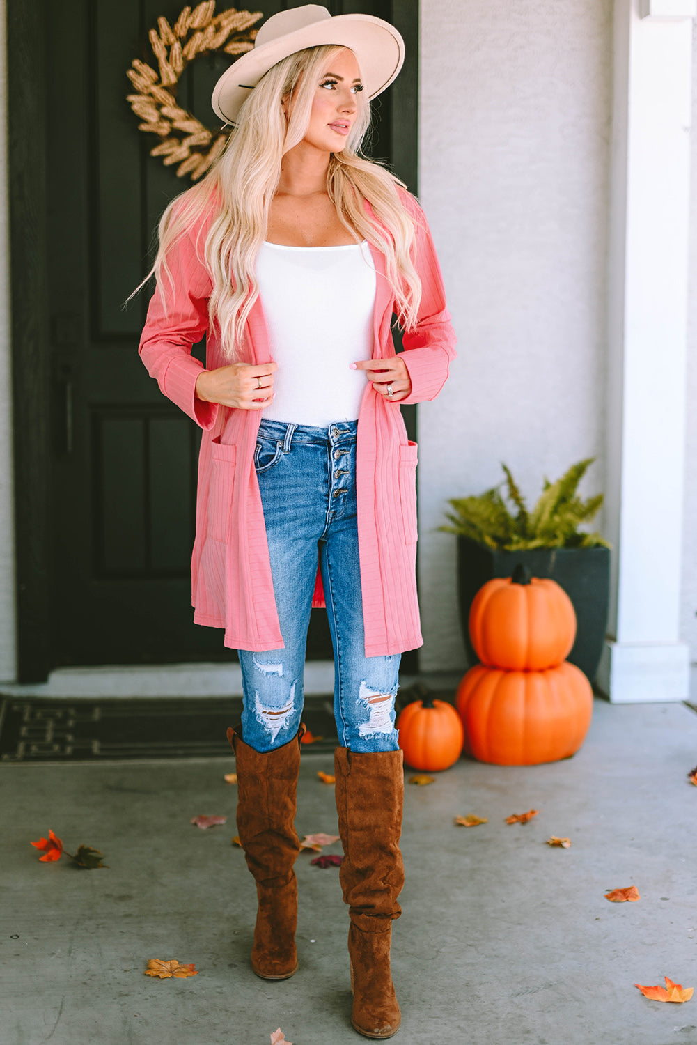 Rosa Strickjacke mit offener Vorderseite und Taschen