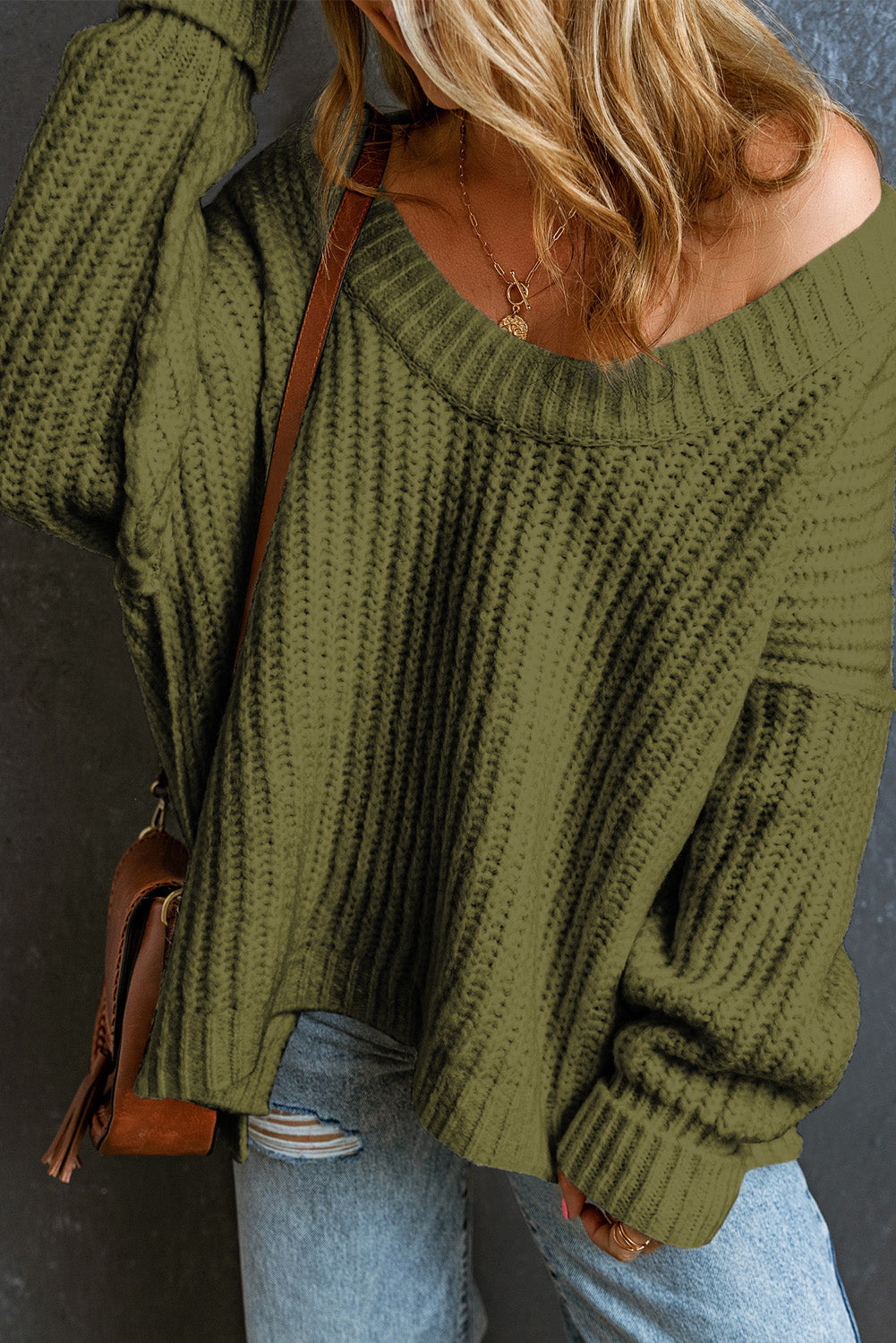 Pickle Green Ribbed Knit Round Neck Slouchy Chunky Sweater