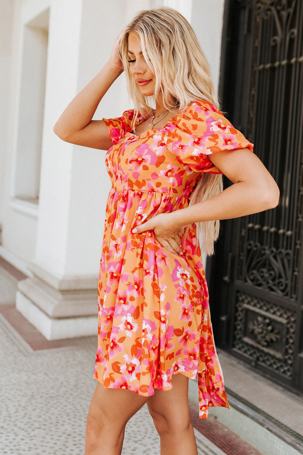 Orange Puff Sleeve Bow Knot Open Back Floral Mini Dress