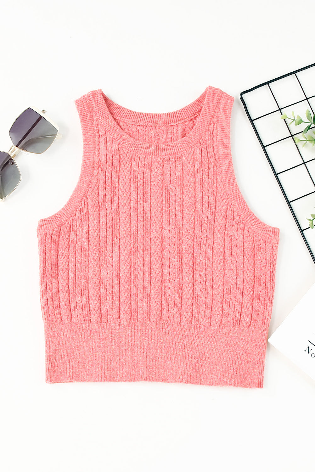 Pink Cable Knit Ribbed Trim Sleeveless Crop Top