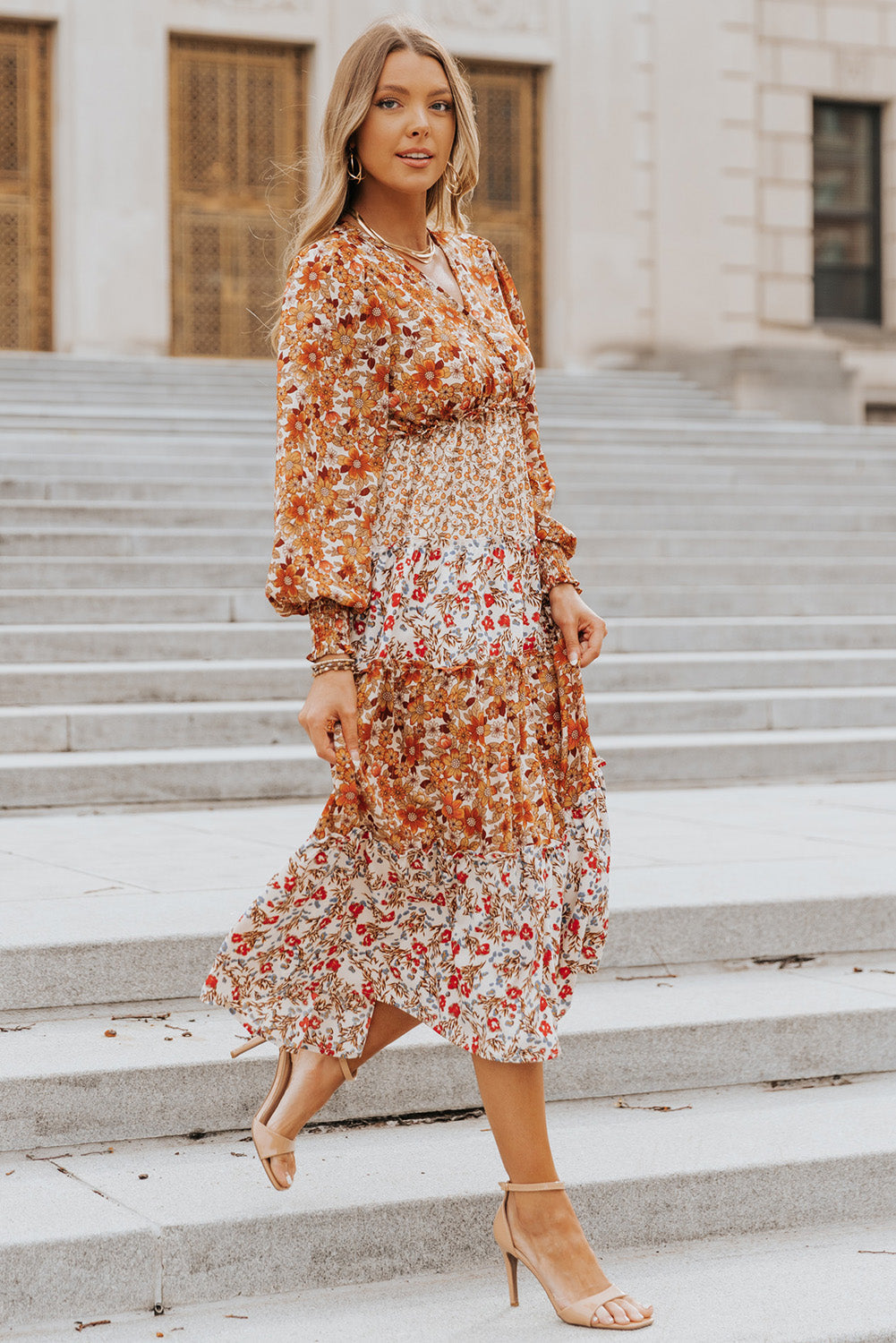 Orange Mix Floral Patchwork Frill Tiered Dress