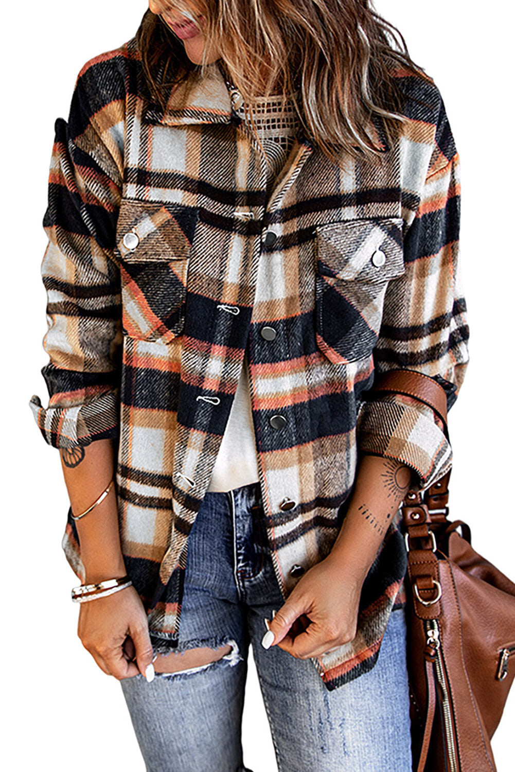 Orange Geometric Plaid Print Pocketed Shacket