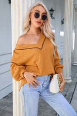 Orange Textured V Neck Long Sleeve Knit Top