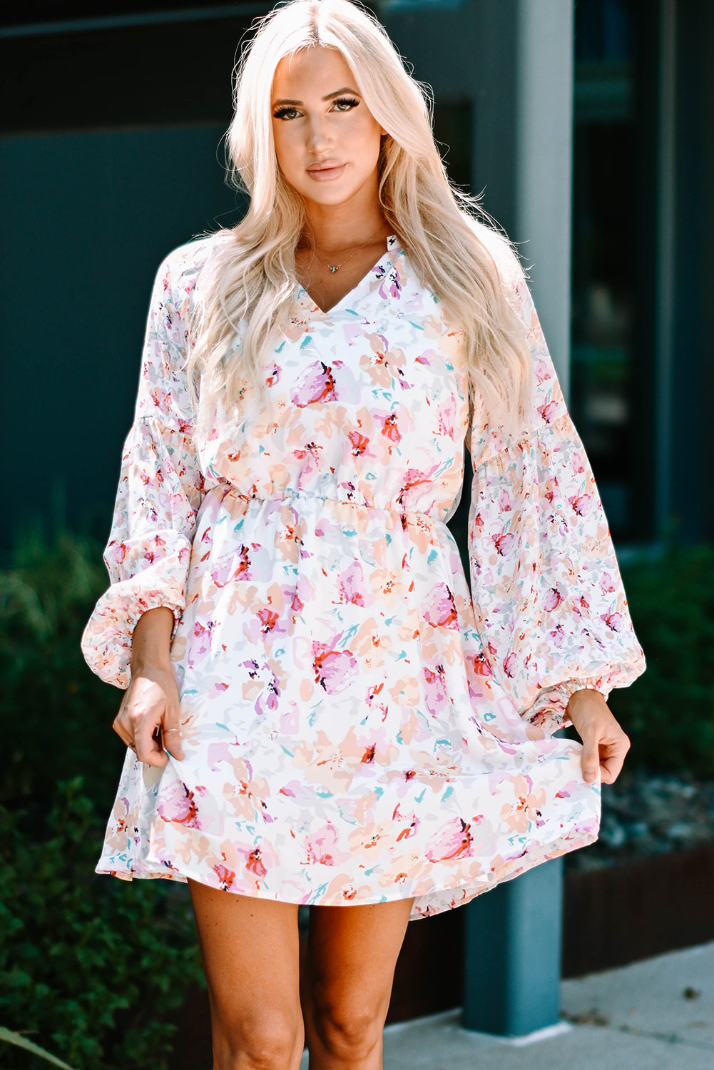 Pink V Neck Bubble Sleeves Floral Dress