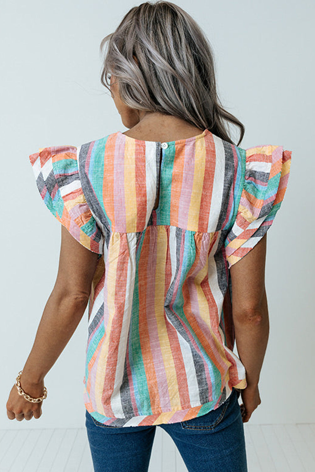 Pink Striped Button Sweetheart Flutter Sleeve Dress