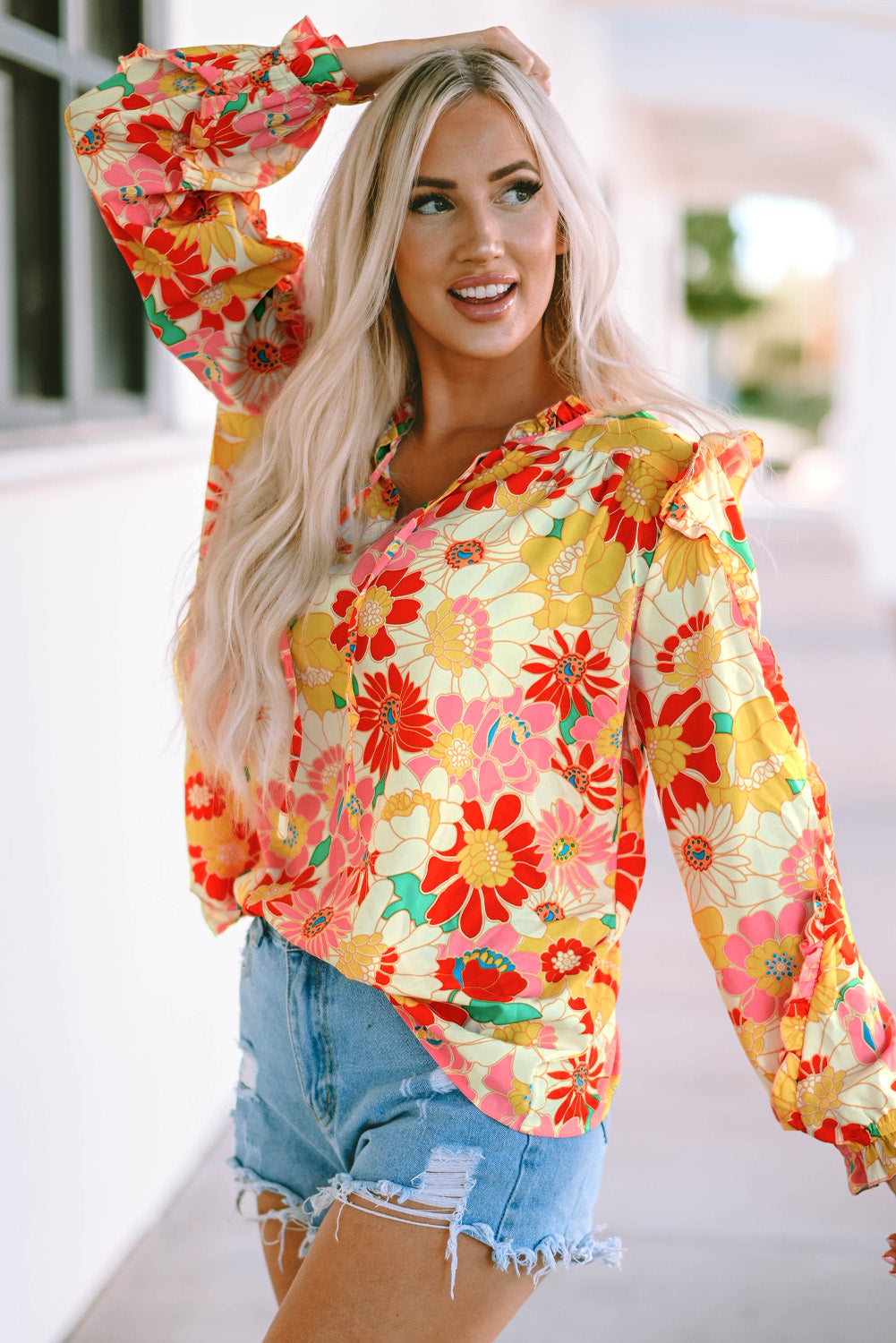 Orange Shirred Neck Summer Floral Dress