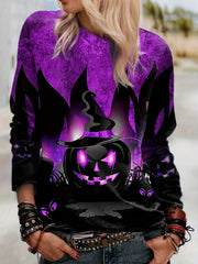 Plus Size Halloween Casual Sweatshirt, Women's Plus Witch Hat Pumpkin Print Long Sleeve Round Neck Pullover Top