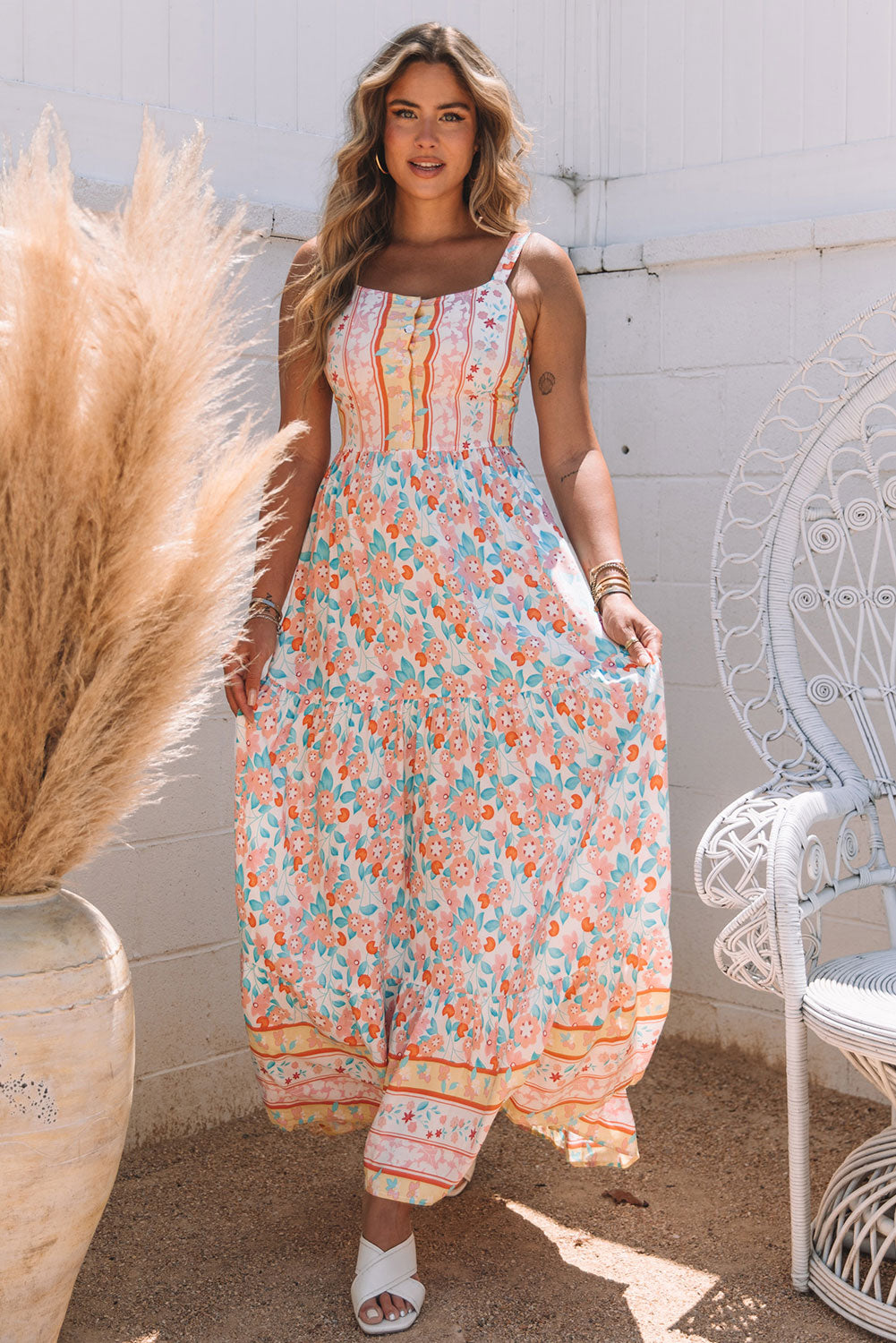 Orange Boho Floral Print Sleeveless Tiered Maxi Dress