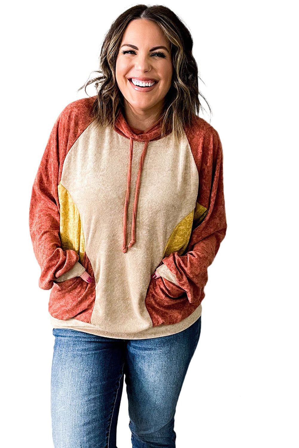 Orange Plus Size Colorblock Raglan Hoodie with Pockets