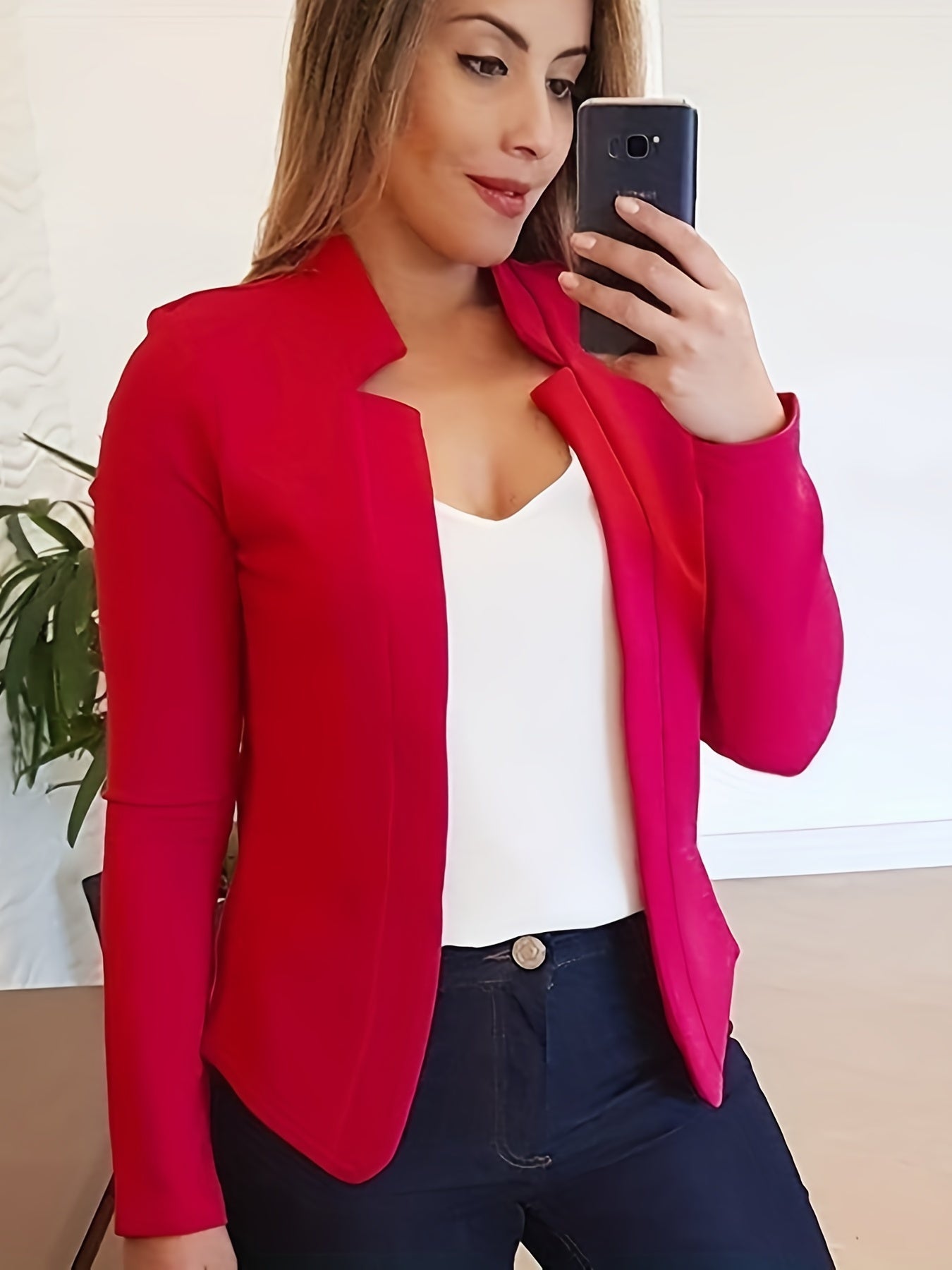 Solid Color Split Open Front Long Sleeve Elegant Blazer