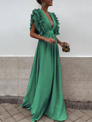 Flying Sleeves V-neck Open Back Solid Long Flowy Dress