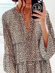 Loose Leopard Print V-neck Dress - Drop Shoulder- A-Line - Closed - Cape - Paneled