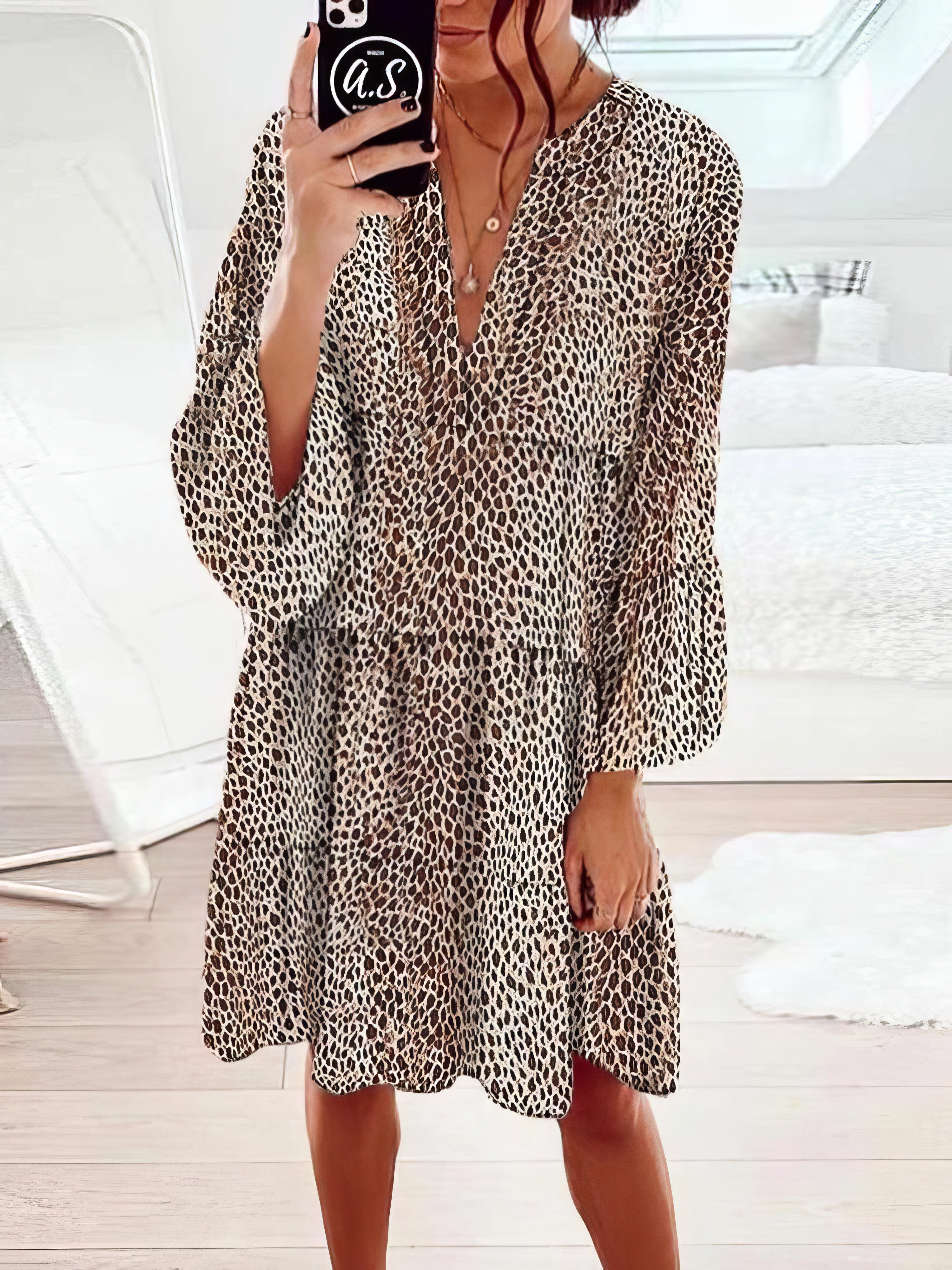 Loose Leopard Print V-neck Dress - Drop Shoulder- A-Line - Closed - Cape - Paneled