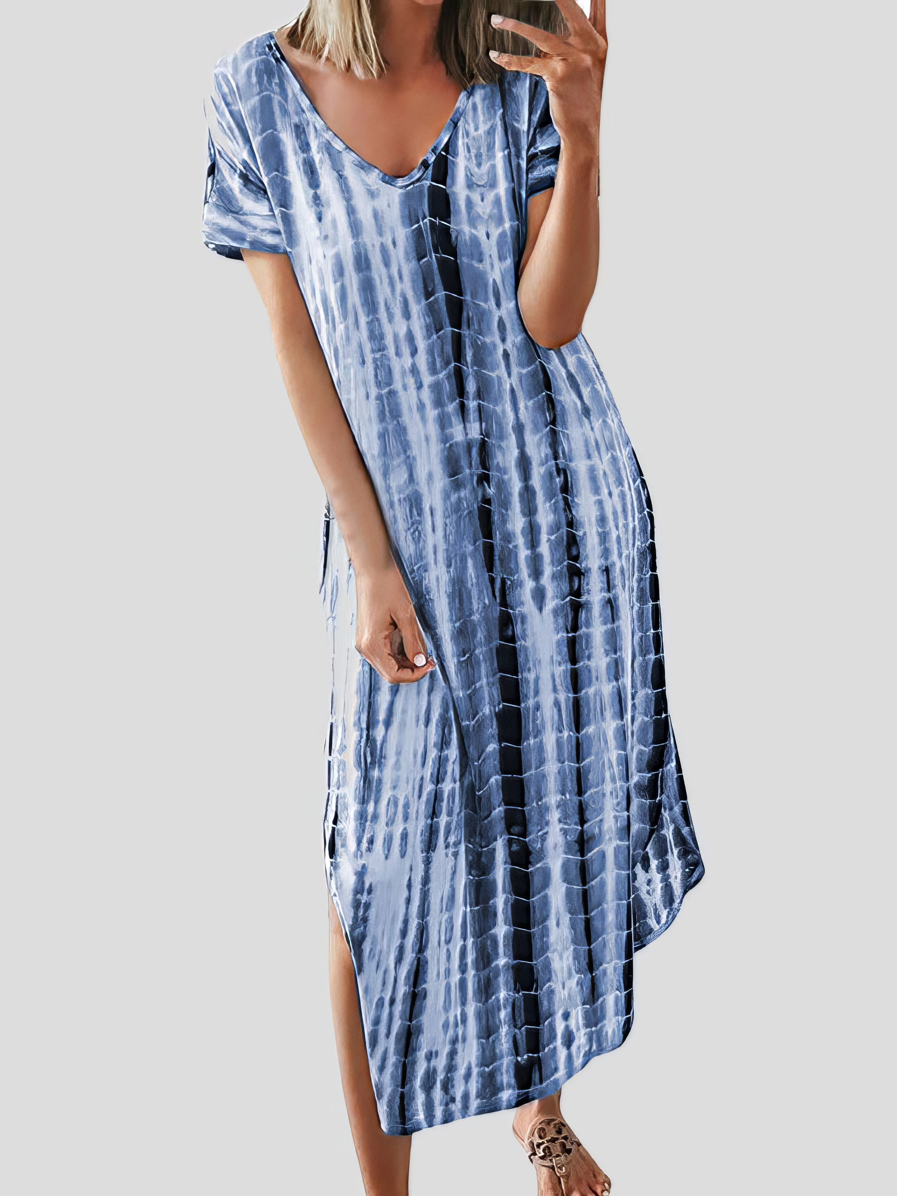 Loose Tie-Dye Printed V-Neck Split Dress