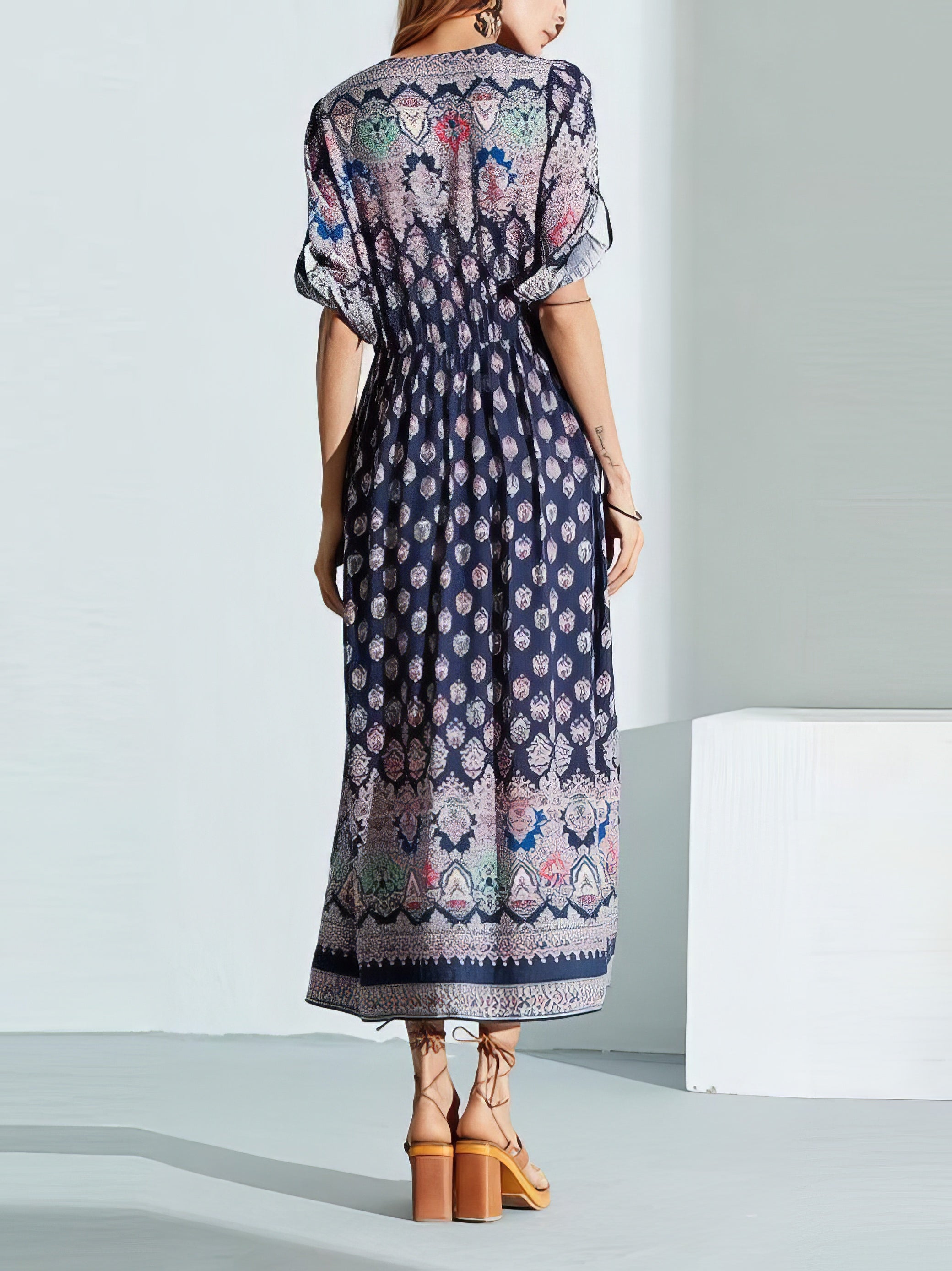 Mid-sleeve V-neck Bohemian Long Dress