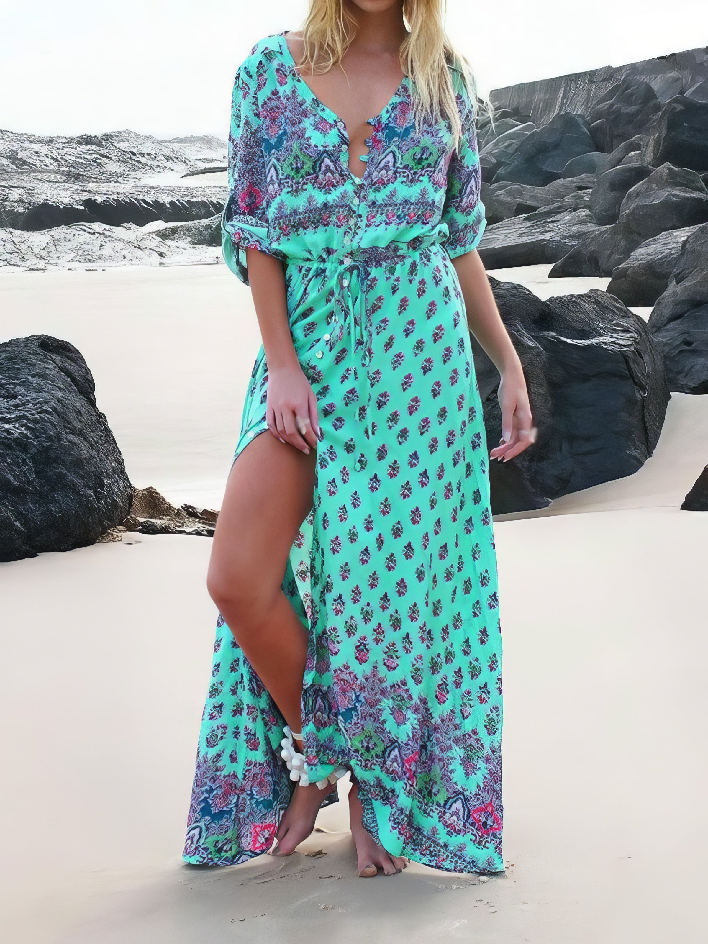 Mid-sleeve V-neck Bohemian Long Dress