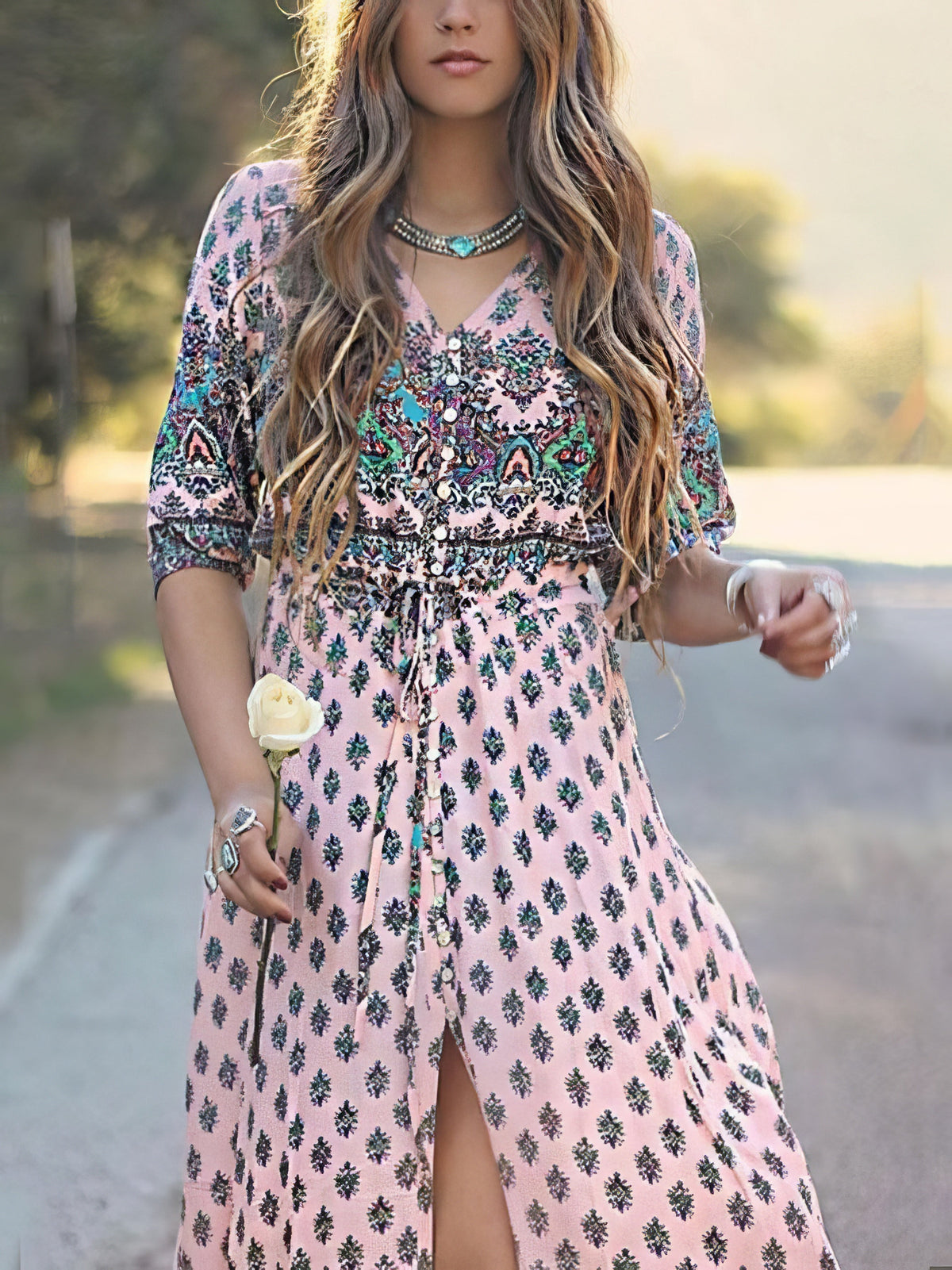 Mid-sleeve V-neck Bohemian Long Dress