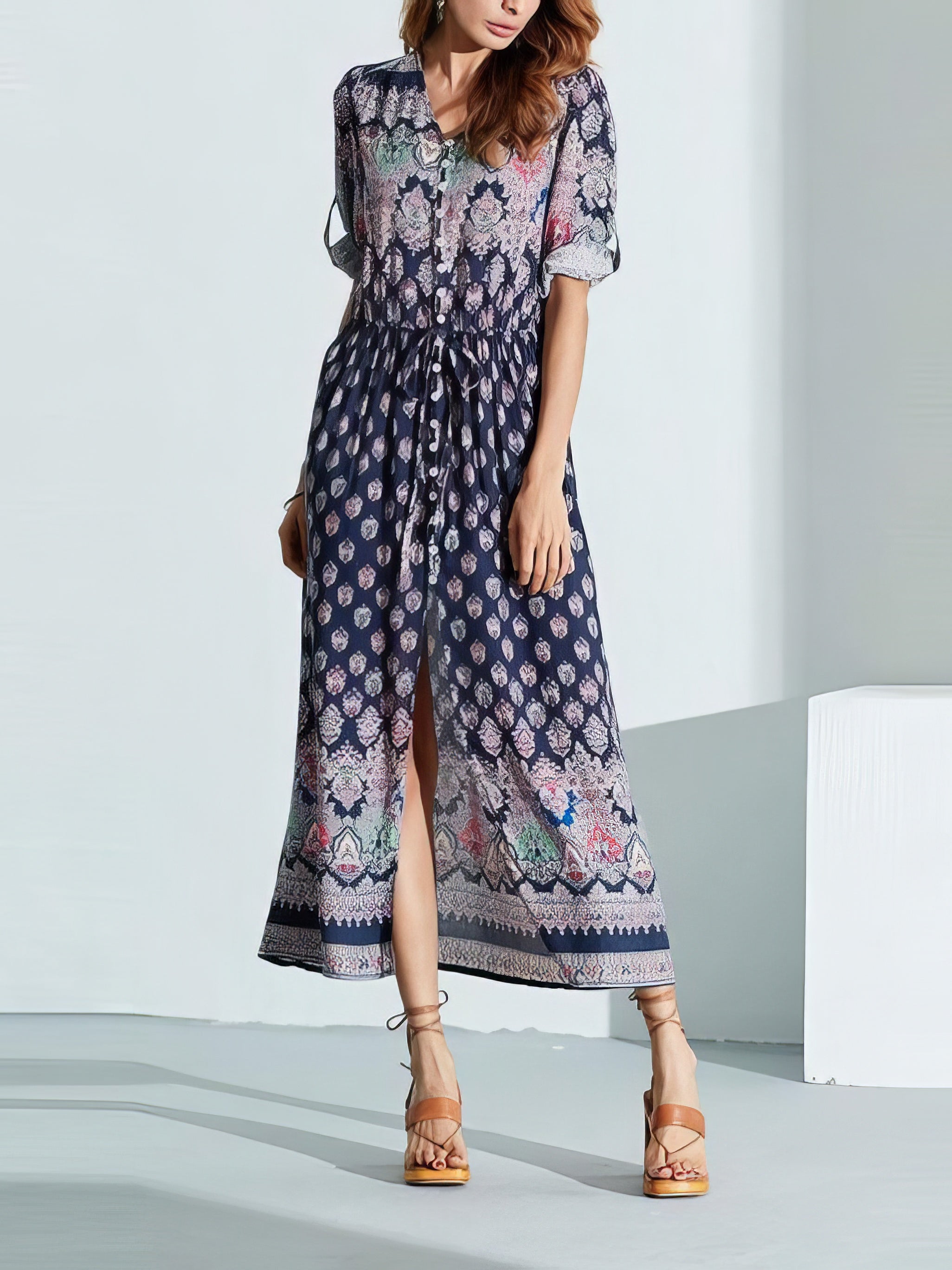 Mid-sleeve V-neck Bohemian Long Dress