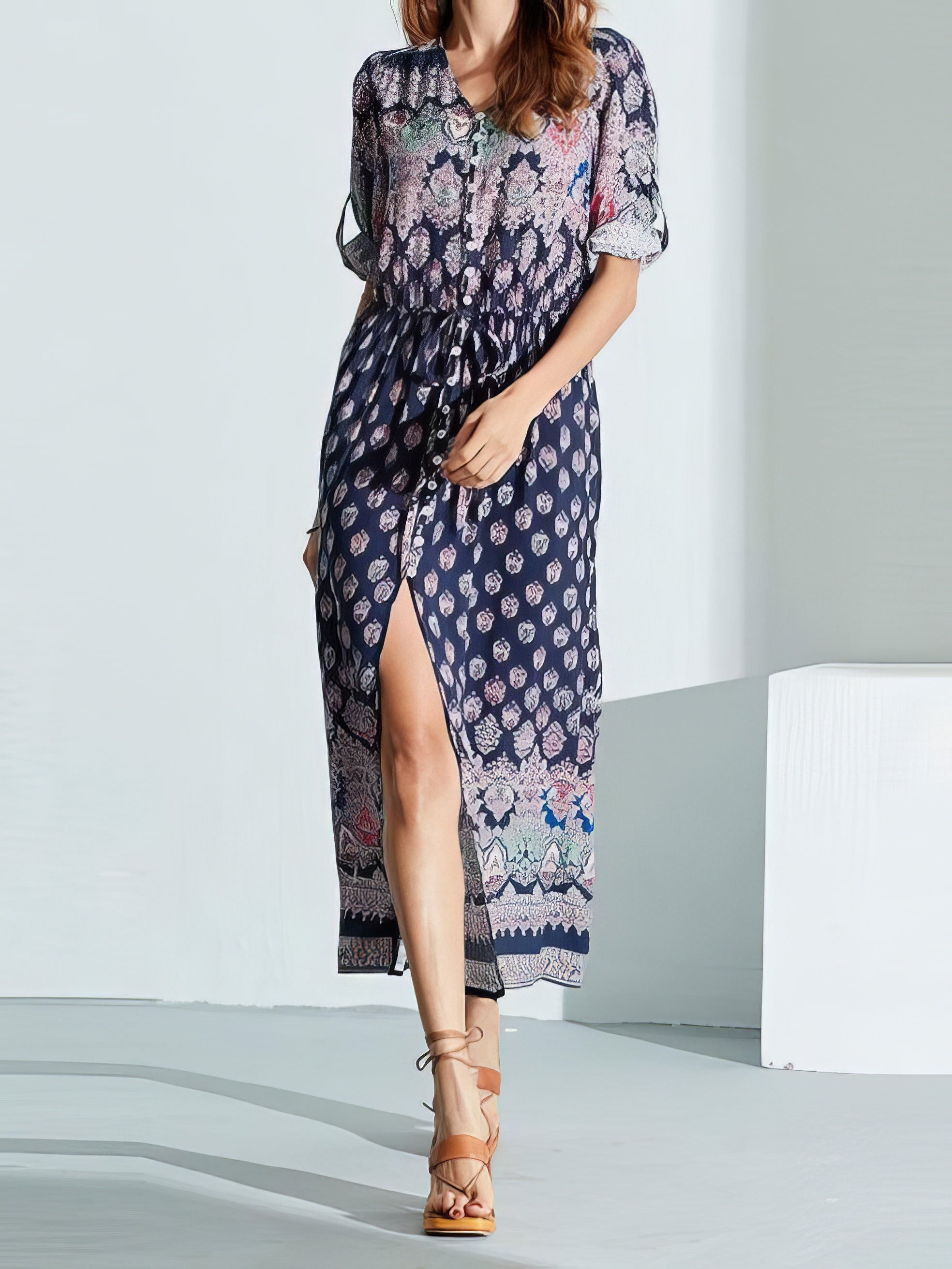 Mid-sleeve V-neck Bohemian Long Dress