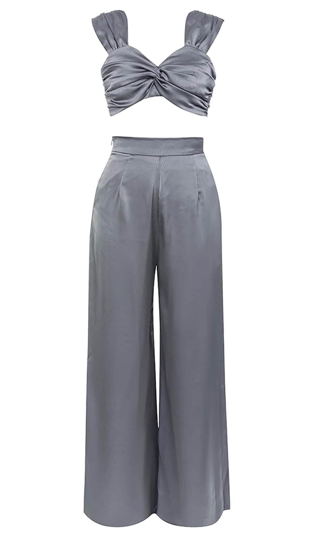 PLUNGE SATIN TWO-PIECE SUIT IN GRAY