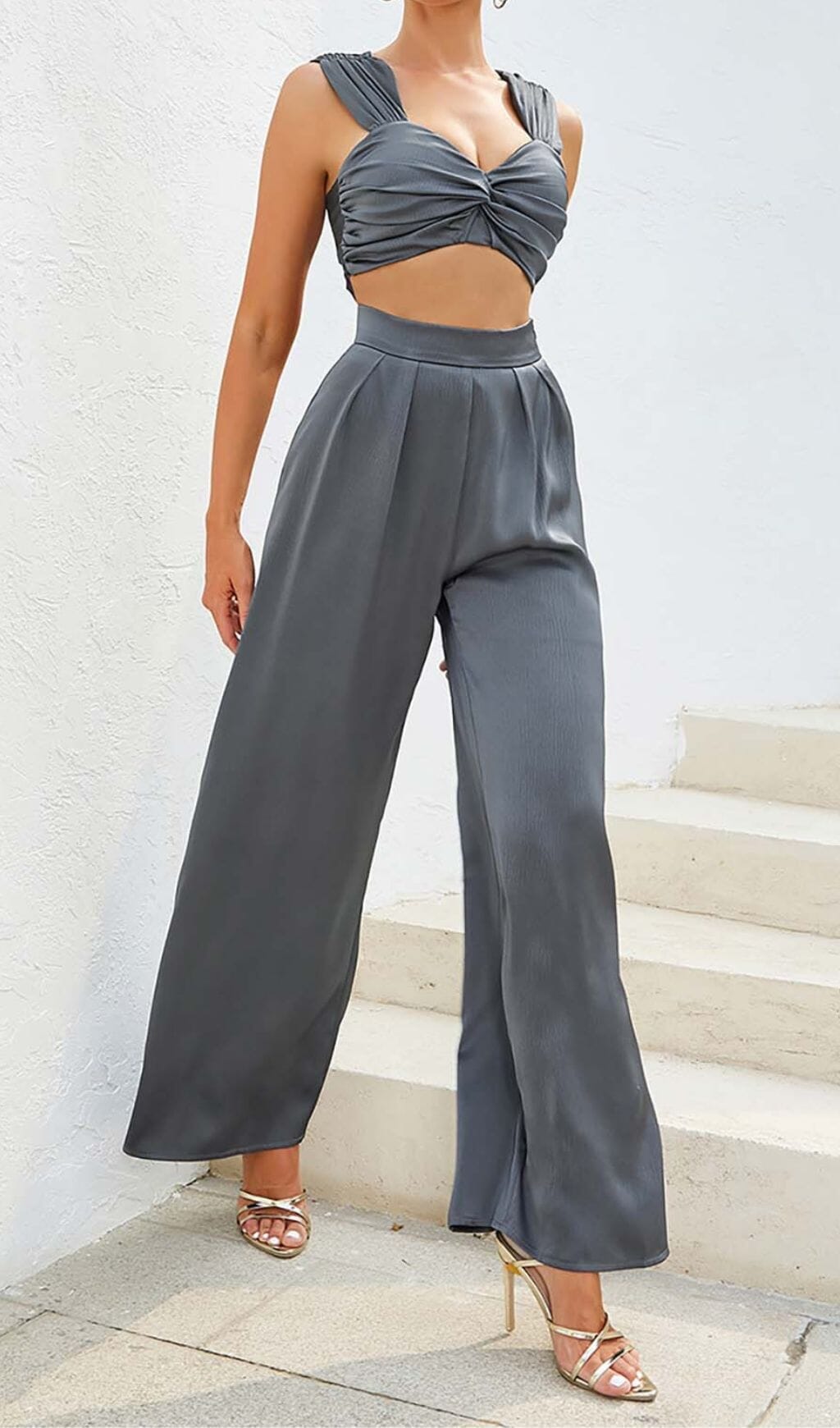 PLUNGE SATIN TWO-PIECE SUIT IN GRAY