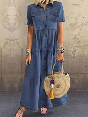 Retro Short Sleeve Denim Long Dress