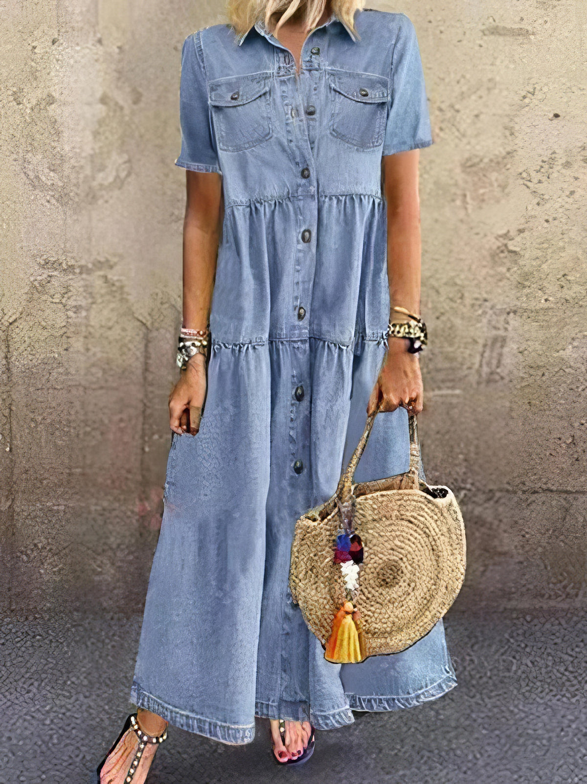 Retro Short Sleeve Denim Long Dress