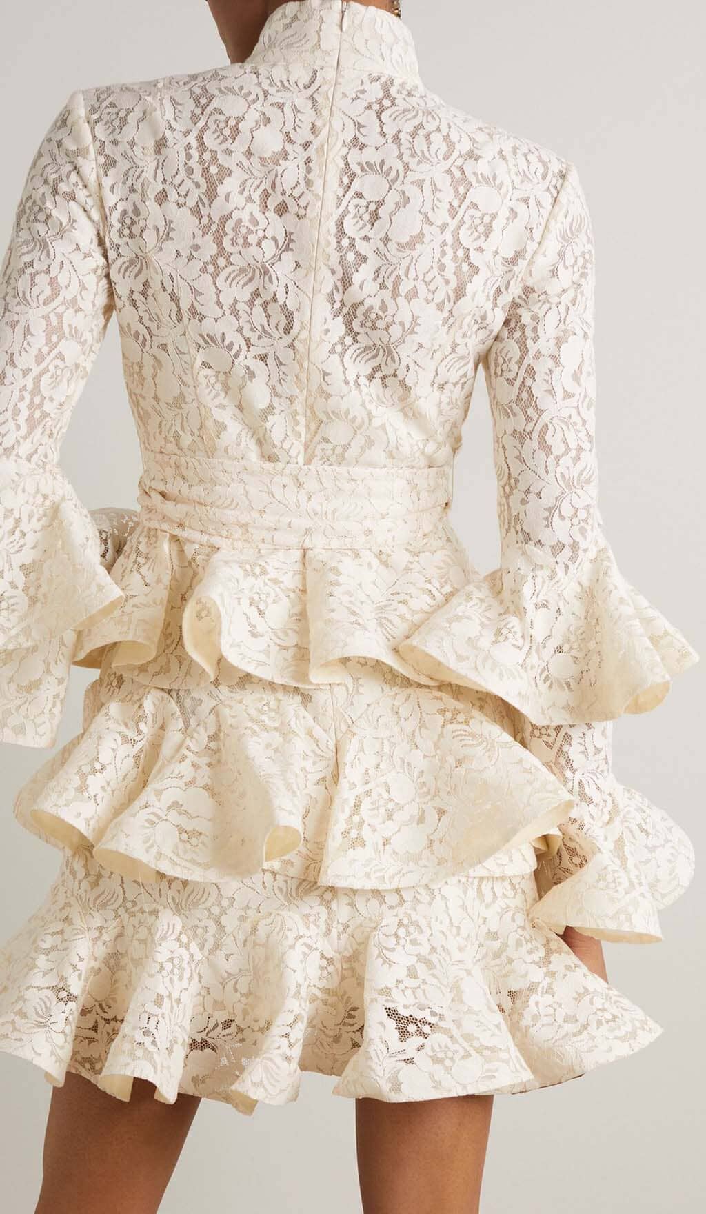 RUFFLED TIERED LACE MINI DRESS IN CREAM