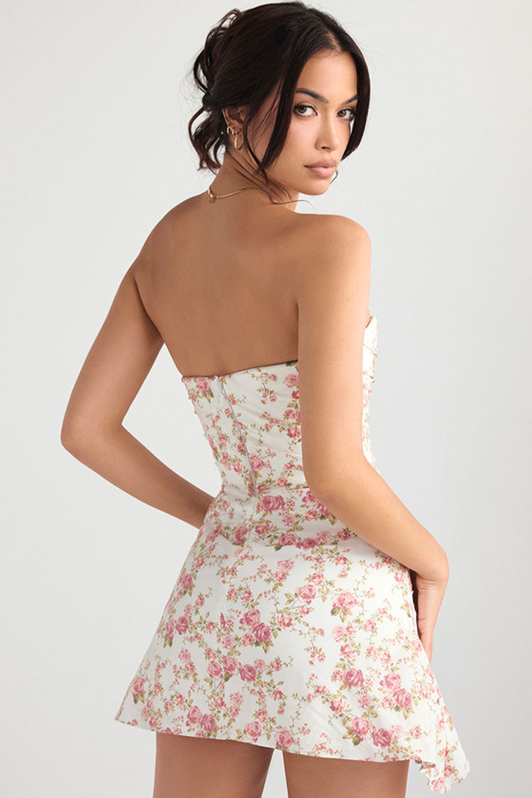 Silky Satin Pleated Trim Corset Strapless Party Mini Dress - Floral