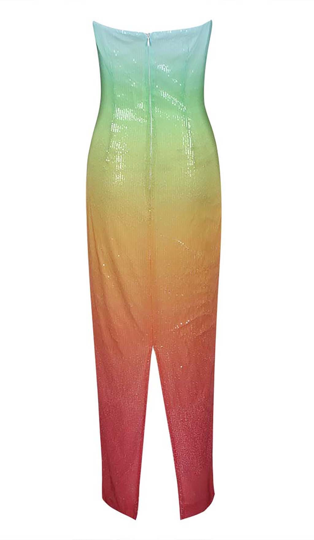 TRÄGERLOSES MAXIKLEID MIT PAILLETTEN UND OMBRE-MUSTER IN MEHRFARBIG