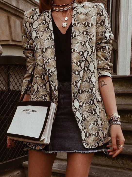 Snake Print Lapel Long Sleeve Slim Blazer