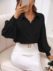 Fashion Solid Lapel Lantern Sleeve Blouse