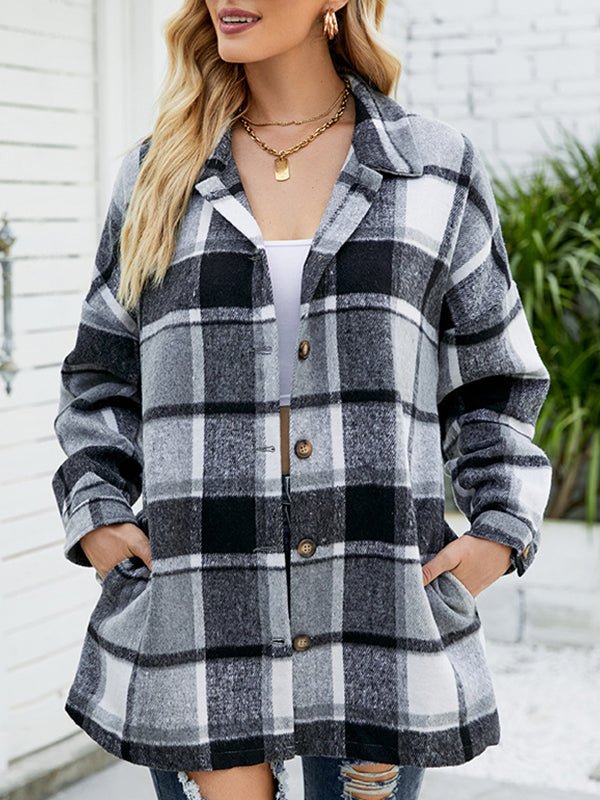 Long Sleeve Plaid Wool Medium Long Blouse