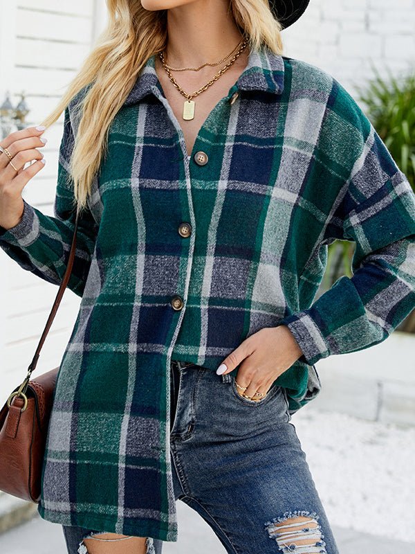 Long Sleeve Plaid Wool Medium Long Blouse