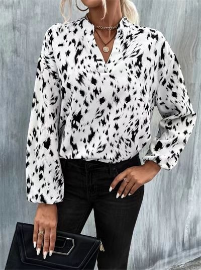 Loose V-Neck Printed Long Sleeve Blouse