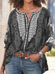 Loose Vintage Print Long Sleeve Blouses