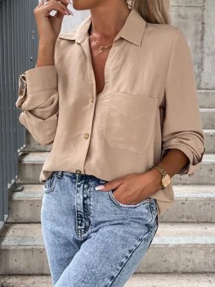 Simple Solid Lapel Button Long Sleeve Blouses