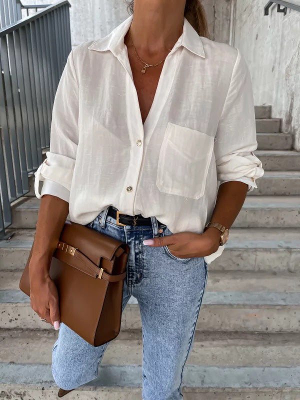 Simple Solid Lapel Button Long Sleeve Blouses