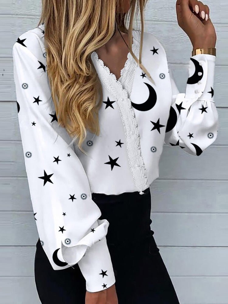 Star Moon Print Lace Long Sleeve Blouse